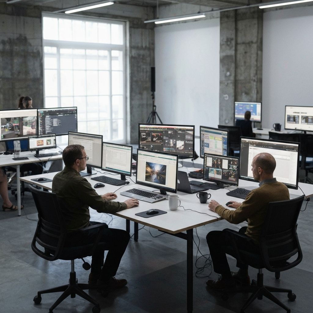 Startup founders collaborating in modern tech workspace